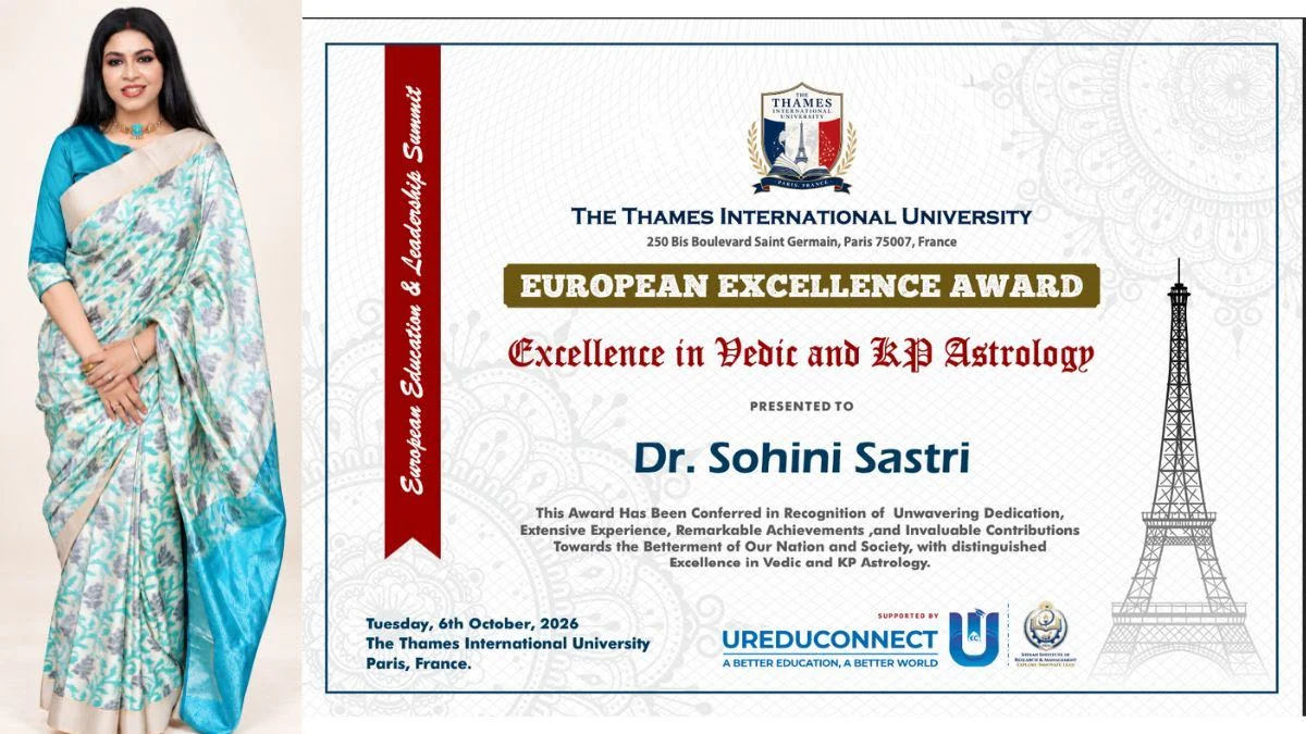Dr. Sohini Sastri Honoured with the European Excellence Award 2026 for Excellence in Vedic and KP Astrology in Paris